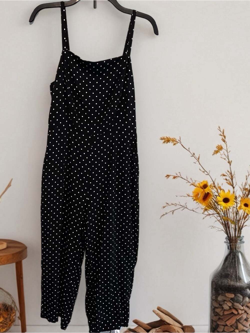 Rockabilly Black White Polka Dot Jumpsuit Smocked Beach cover-up, Sz. M.